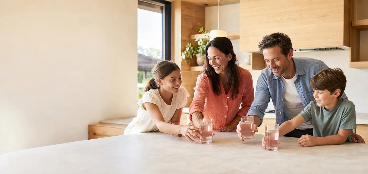 Family gathered around the kitchen island with electrolyte drinks