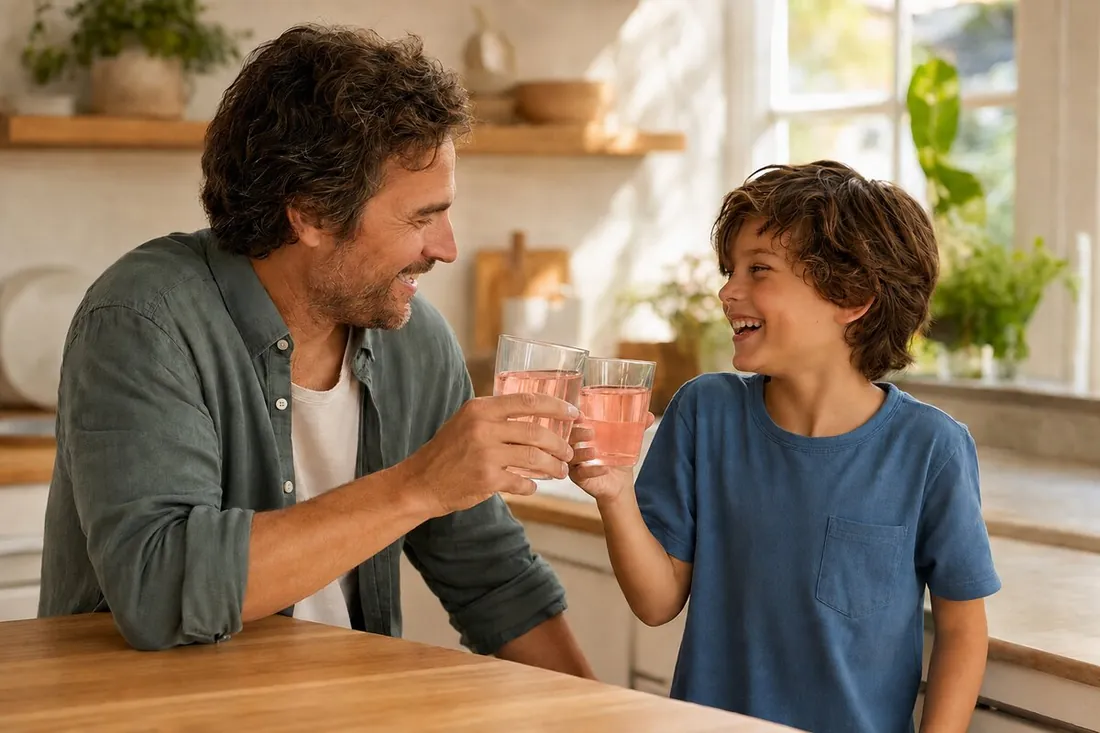 Father and son clinking glasses of electrolyte drink together