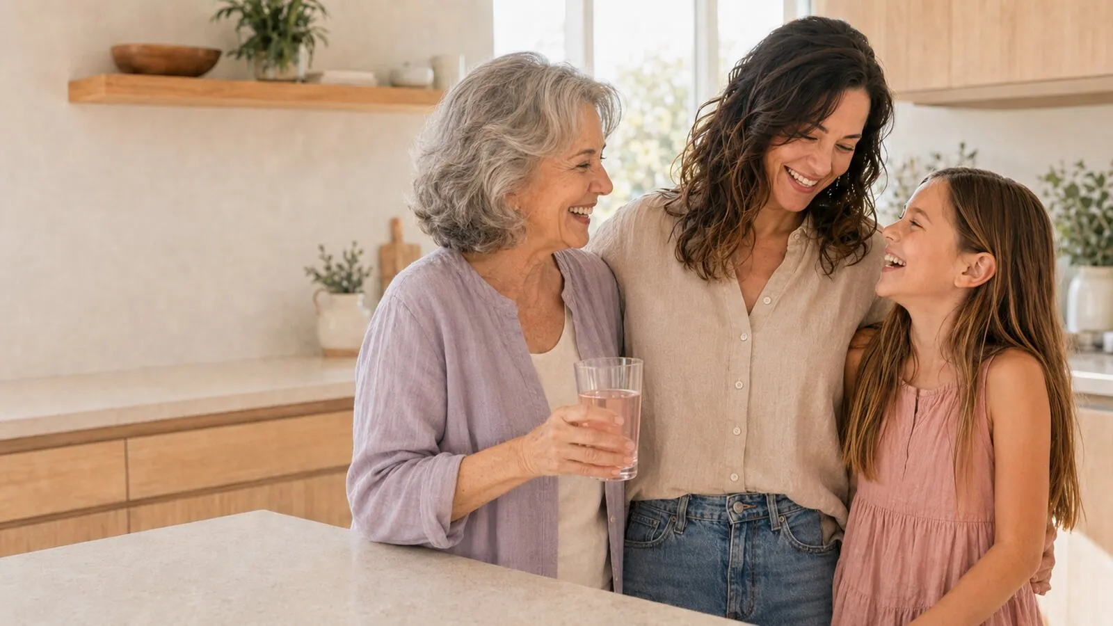 Grandmother, mother, and daughter laughing together