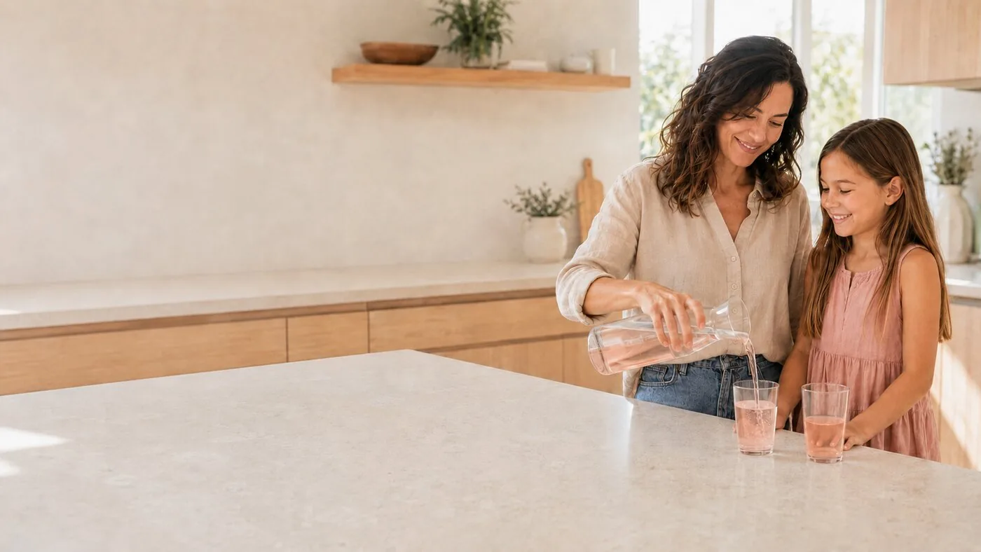 Mother and daughter pouring an electrolyte drink in a bright kitchen