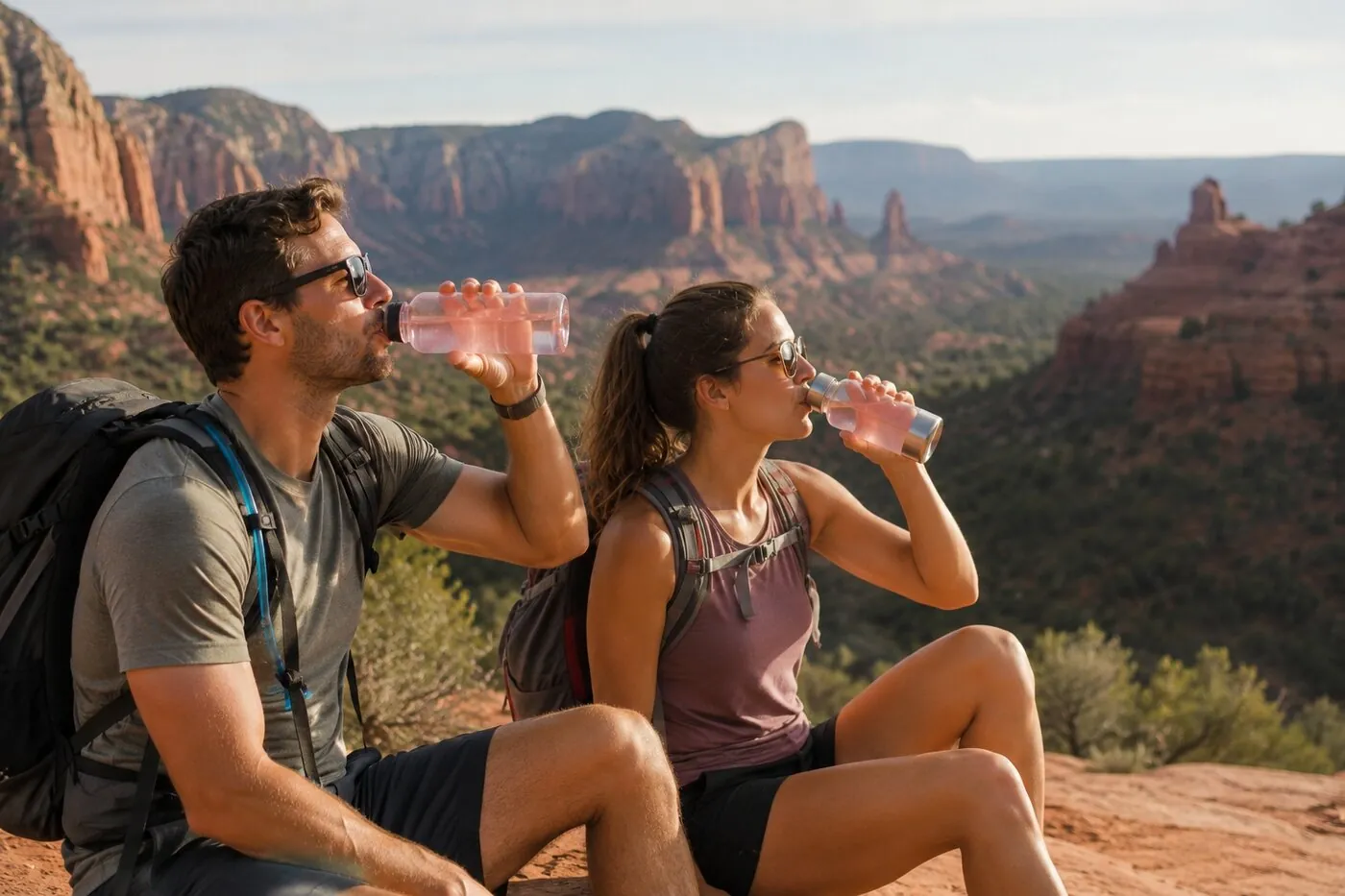 Couple hiking and drinking electrolyte mix among St. George red rock
